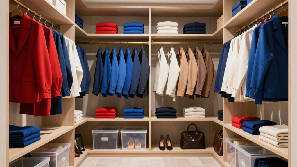organized color coded wardrobe system