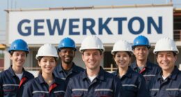 Group photo on a construction site: eight people in navy work clothes with blue and white hard hats in front of a site sign reading GEWERKTON